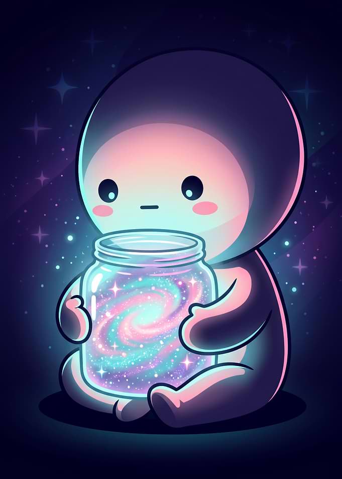 Cute character holding a galaxy jar