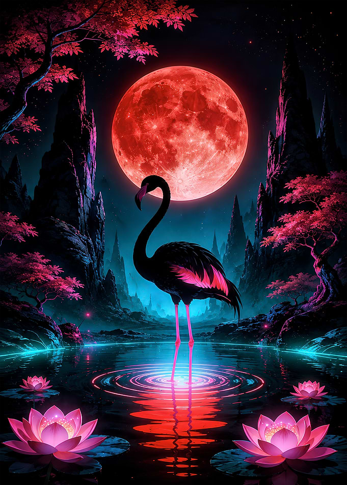 Flamingo Under a Red Moon