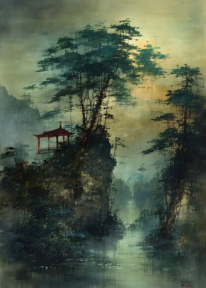 Misty Mountain Pavilion Landscape Painting