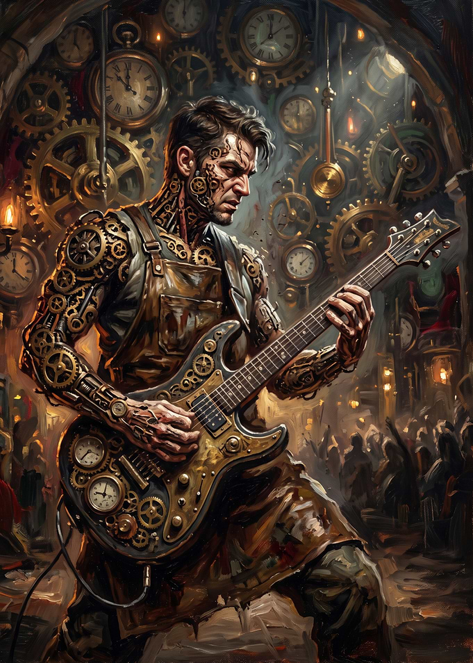 Steampunk Musician Playing Clockwork Guitar