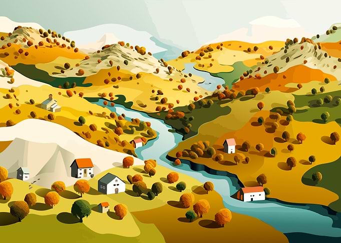 Autumnal River Valley Landscape Illustration