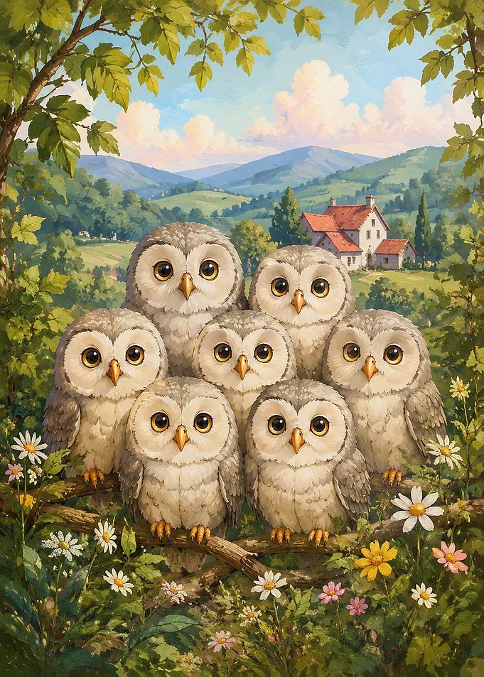 Group of Seven Cute Owls