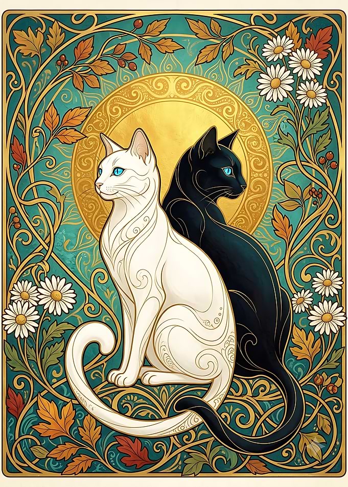 Art Nouveau Black and White Cats