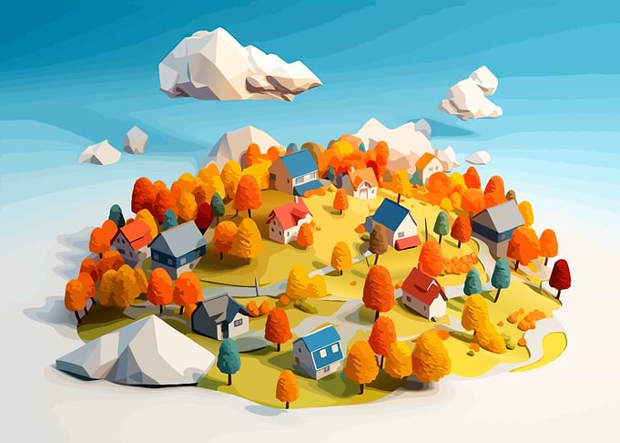 Floating Autumn Village Landscape