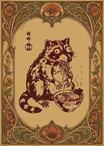 Art Nouveau Raccoon Eating Ramen