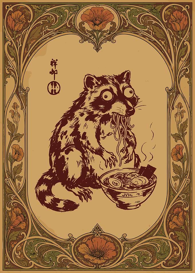 Art Nouveau Raccoon Eating Ramen