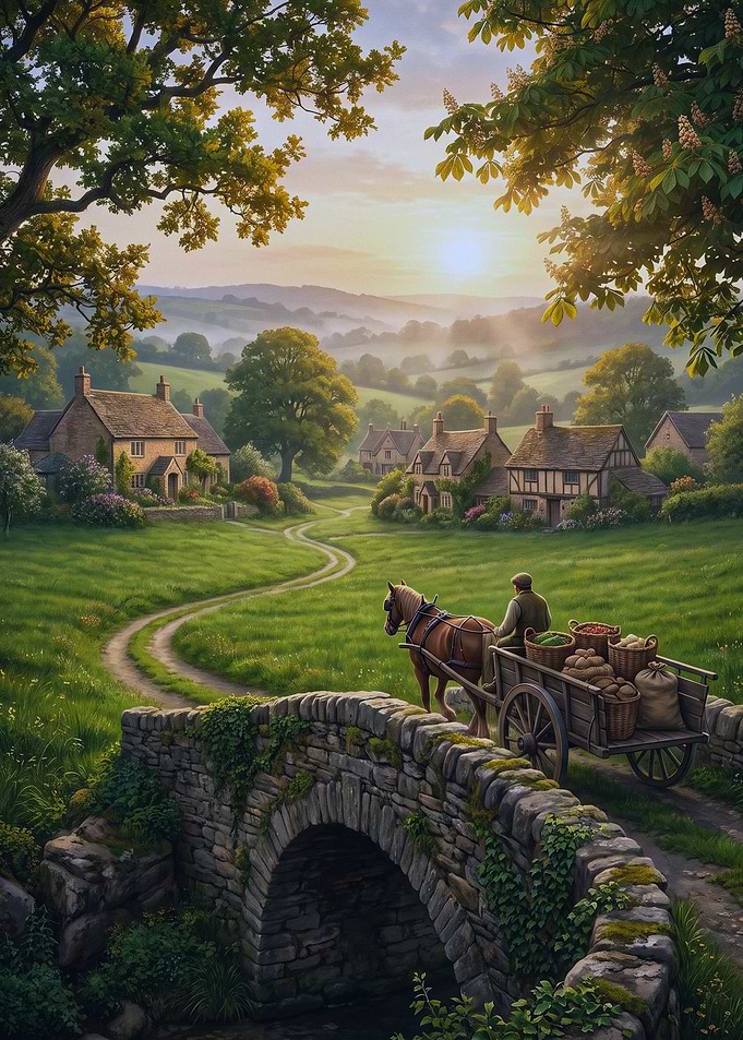 Horse-Drawn Cart in English Countryside