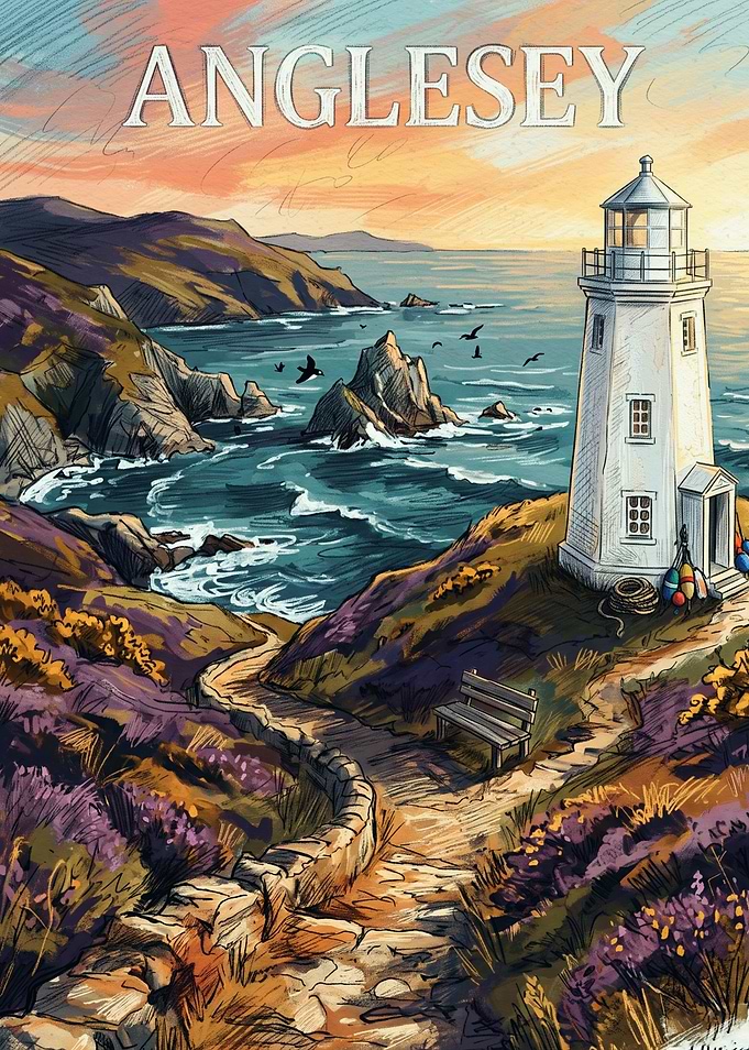 Anglesey Lighthouse Coastal Travel Poster