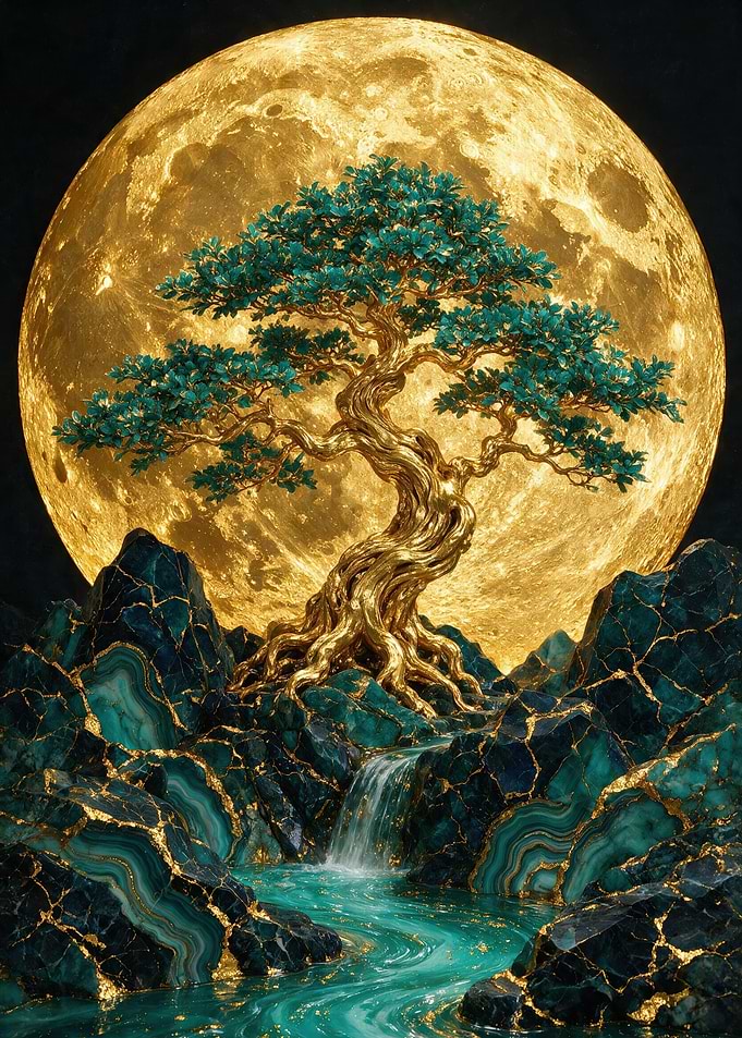 Golden Bonsai Under Giant Moon