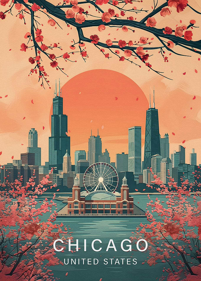 Chicago Skyline Cherry Blossom Travel Poster