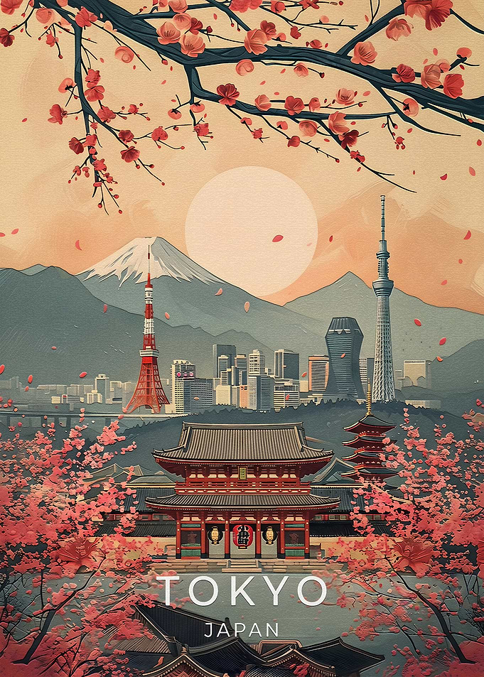 Tokyo Japan Cherry Blossom Travel Poster