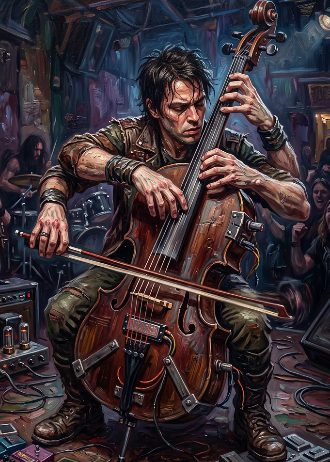 Multi-Armed Musician Playing Electric Cello