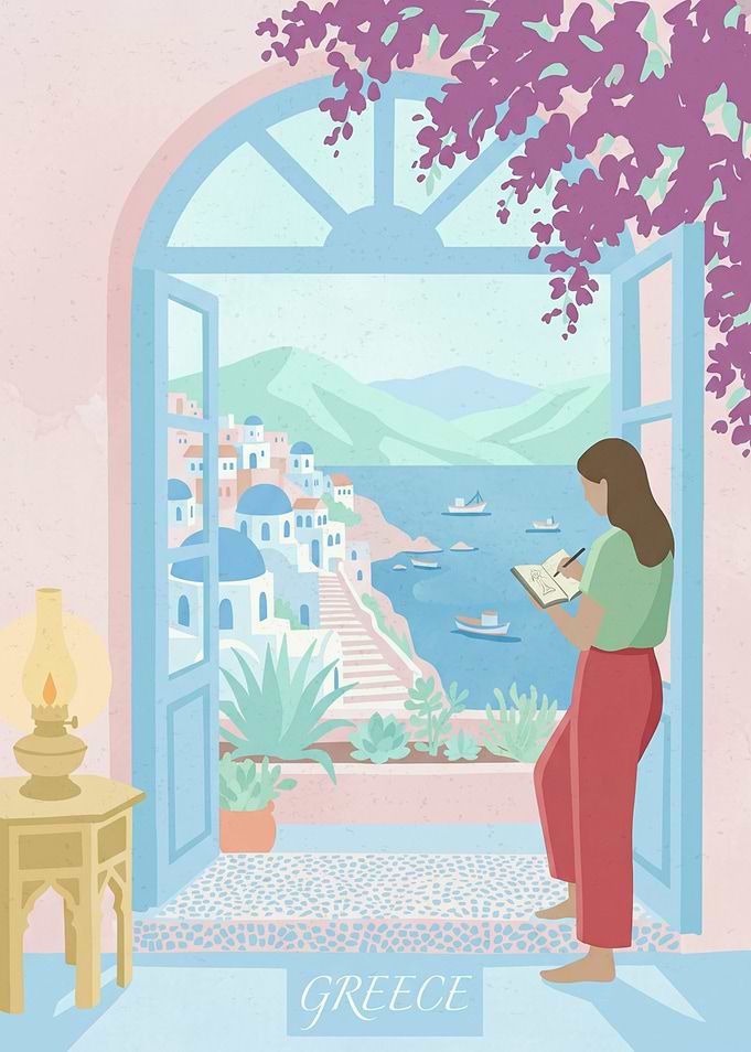 Woman Sketching a Greek Coastal View