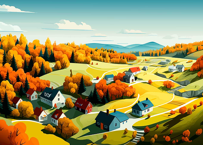 Autumn Village Landscape Illustration