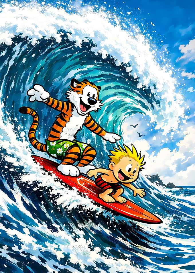 Calvin and Hobbes Surfing Big Wave