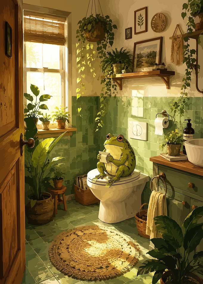 Frog Sitting on Toilet in Bathroom