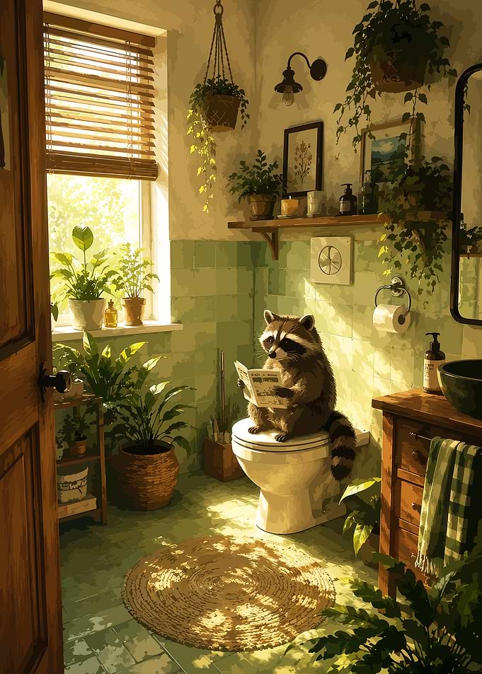 Raccoon Reading on the Toilet