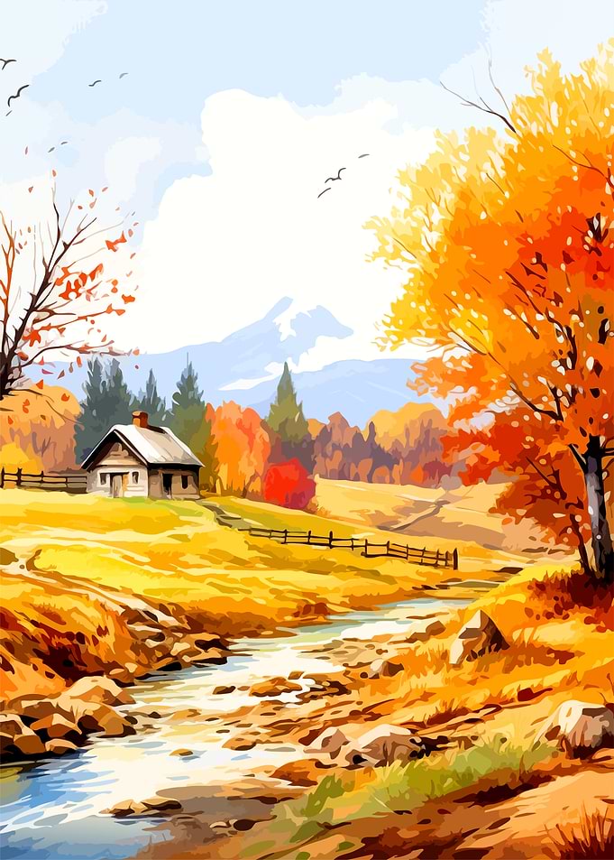 Autumn Landscape with Cabin and Stream