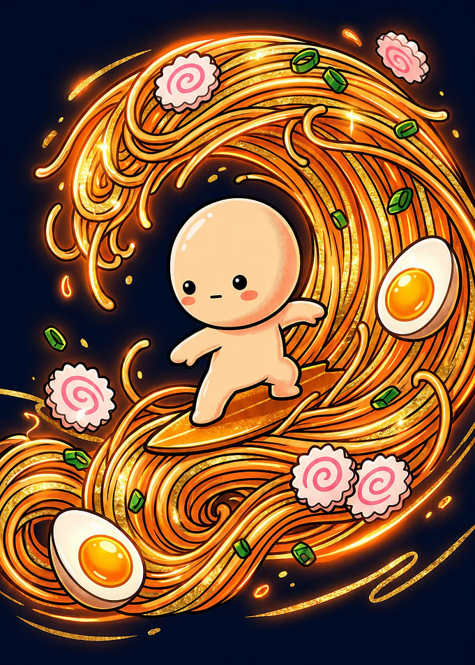 Cute Character Surfing on Ramen Wave