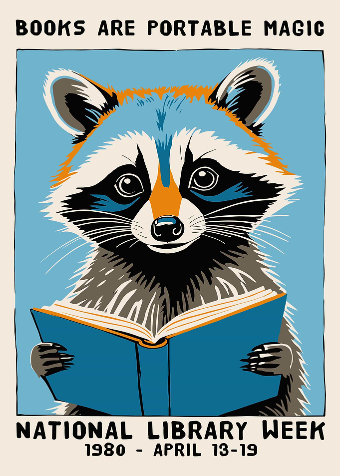 Vintage National Library Week Raccoon Poster
