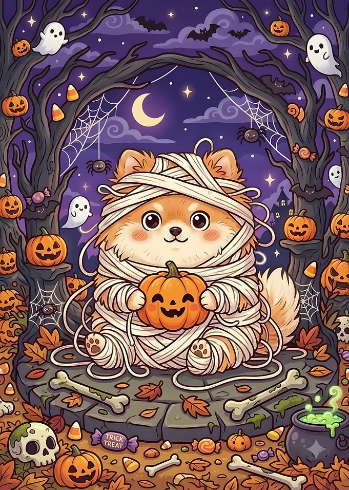 Cute Pomeranian Mummy Halloween Illustration