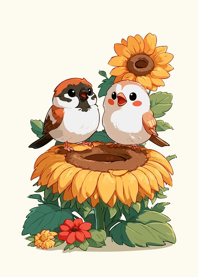 Two Cute Birds on Sunflowers