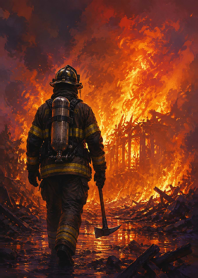 Firefighter Walking Toward Intense Blaze
