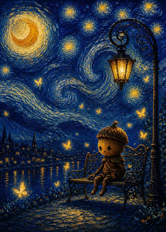 Acorn Character Under Starry Night