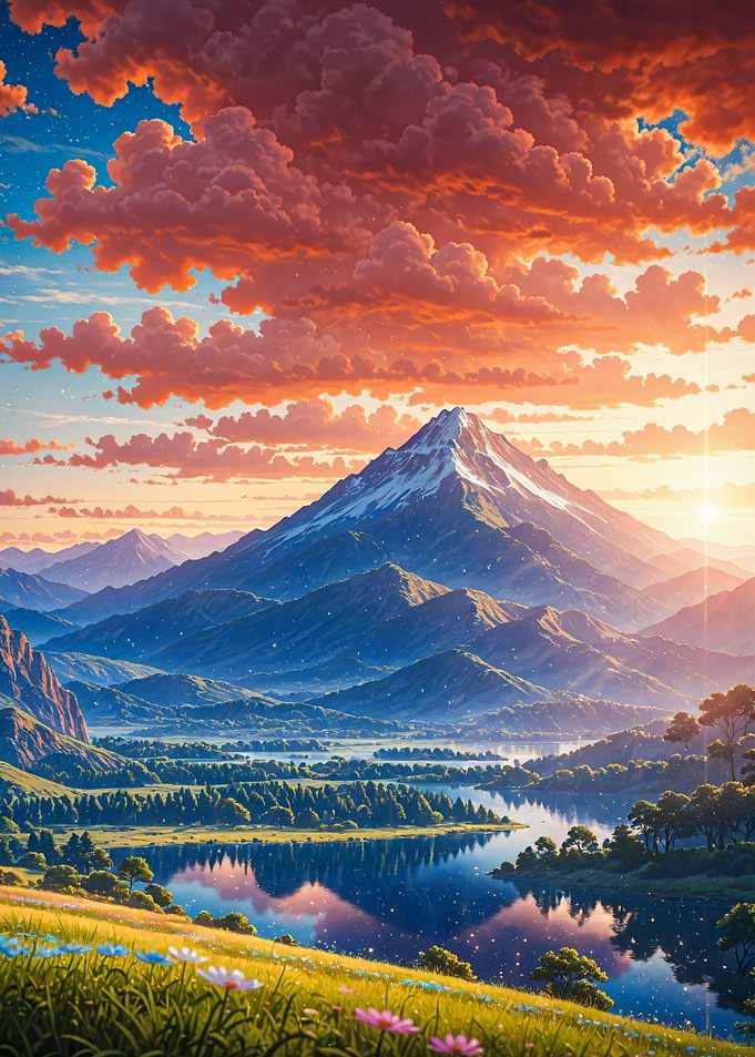 Majestic Mountain Sunset Over Lake Anime Landscape