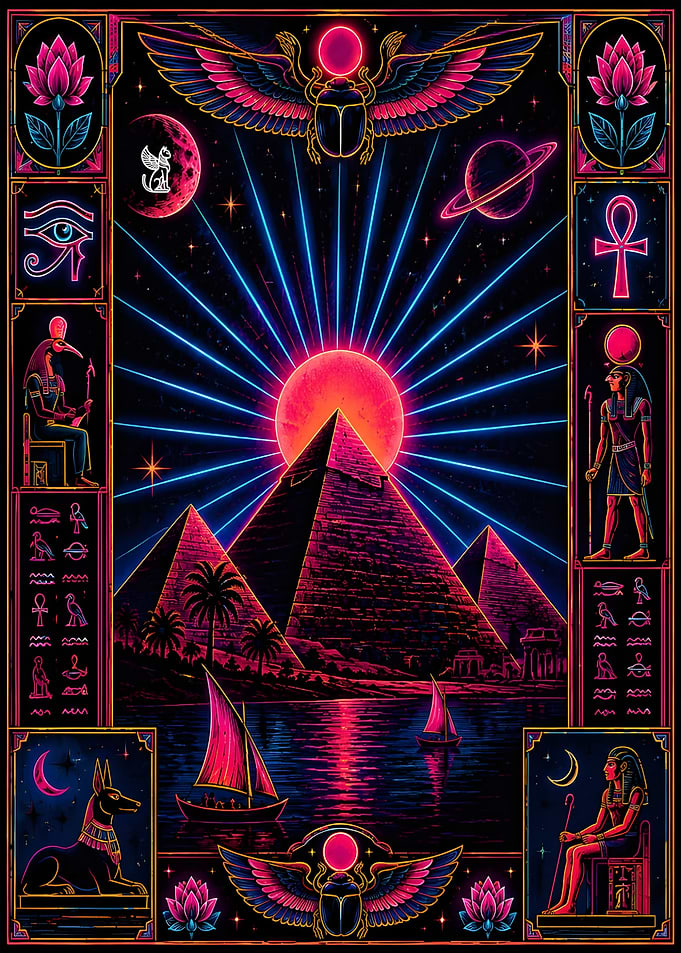 Neon Egyptian Pyramids and Deities