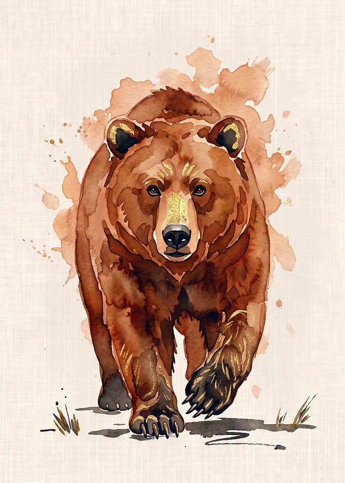 Watercolor Grizzly Bear with Gold Accents