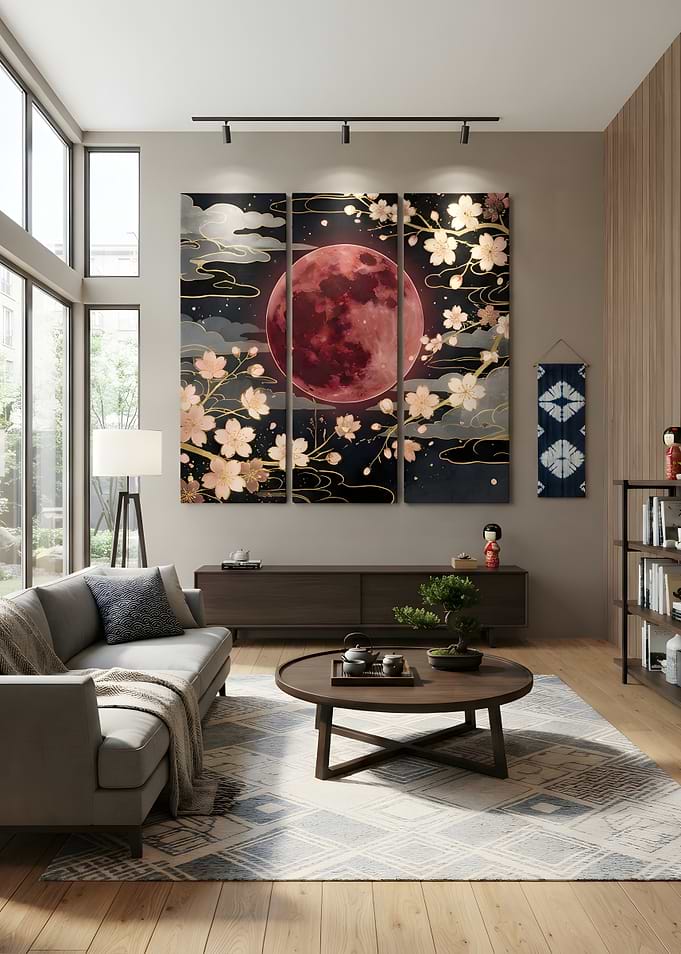 Triptych Red Moon Cherry Blossom Wall Art