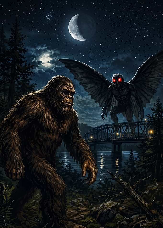 Bigfoot and Mothman at Night
