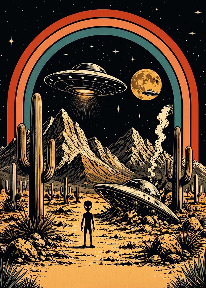 Retro Alien Desert UFO Crash Scene