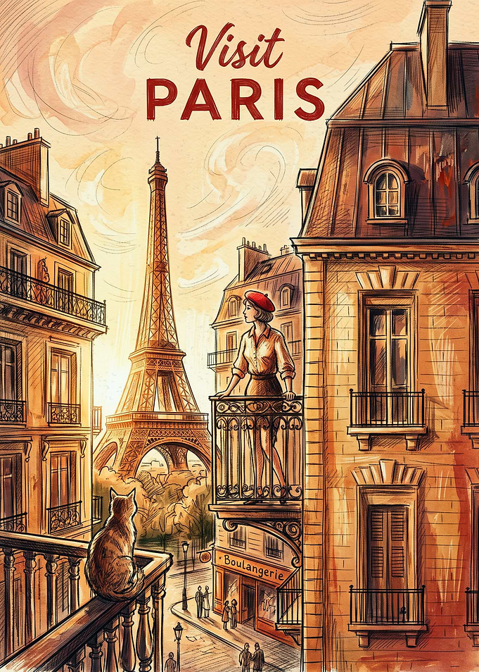 Vintage Style Visit Paris Travel Poster
