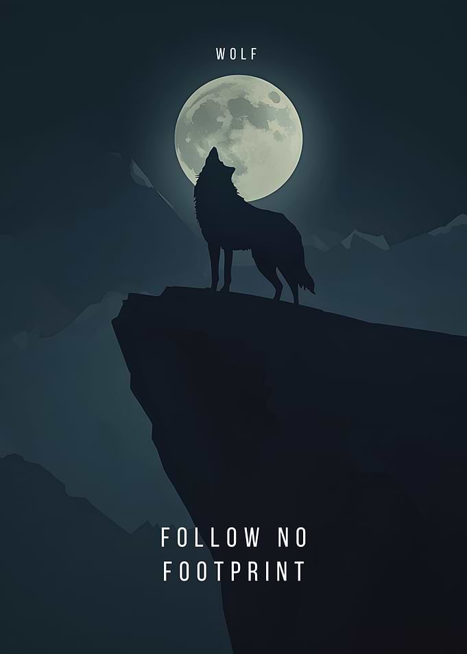 Wolf Wall Art – Follow No Footprint | Minimalist Moonlit Wilderness Poster