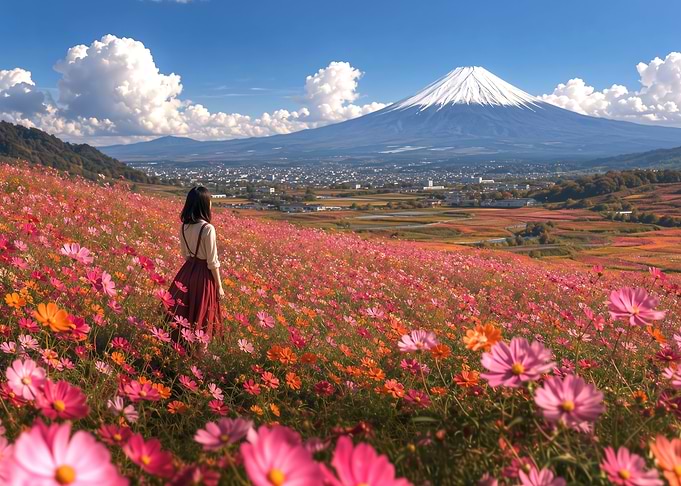 Woman in Cosmos Field Near Fuji