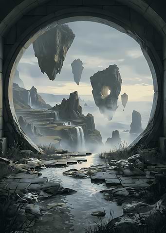 Floating Islands Through Stone Archway