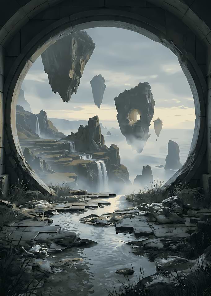 Floating Islands Through Stone Archway