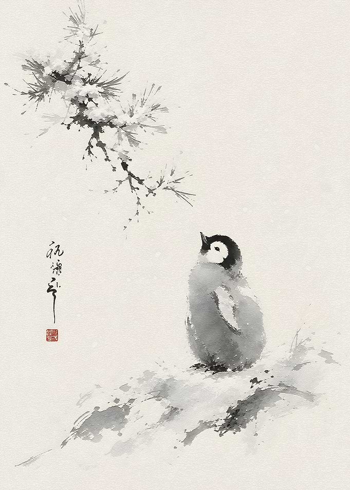 Sumi-e Style Baby Penguin Illustration