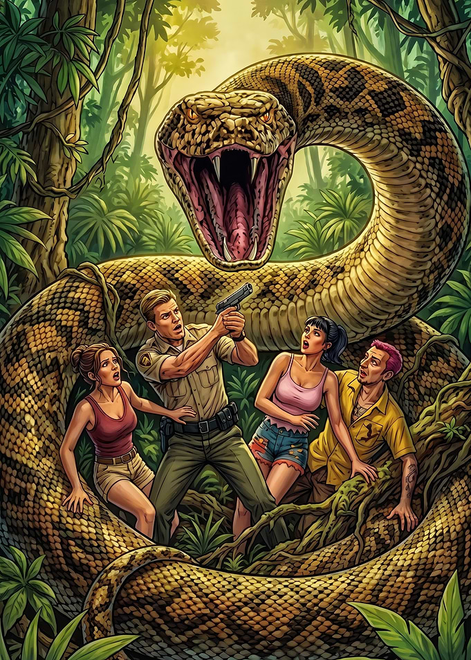 Giant Snake Attacking Group in Jungle