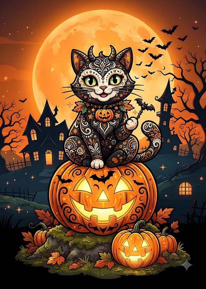 Sugar Skull Cat on Halloween Pumpkin