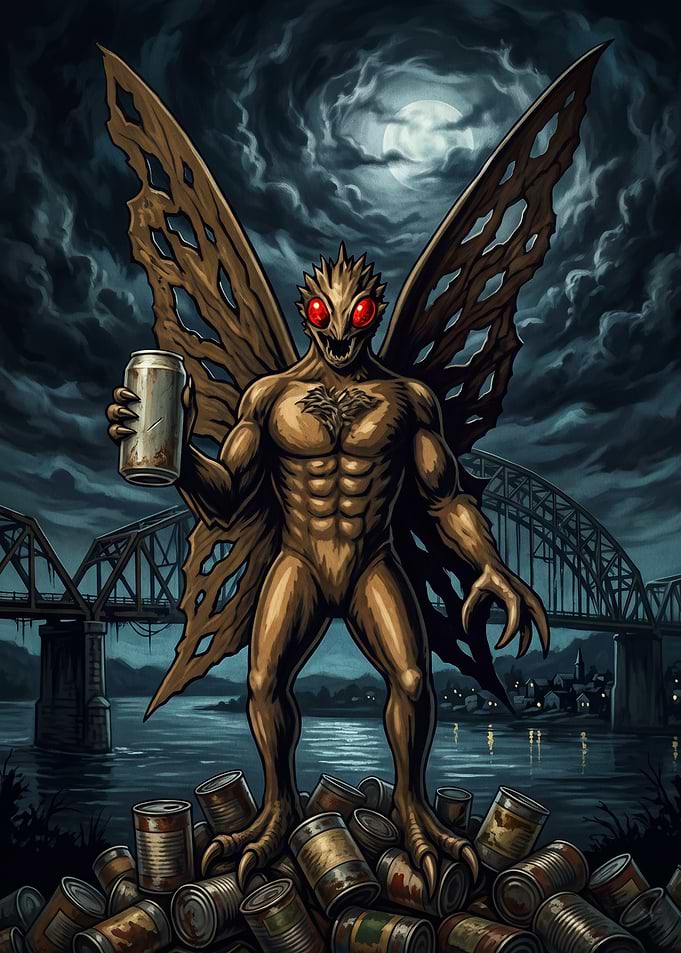 Mothman Drinking Beer by Bridge