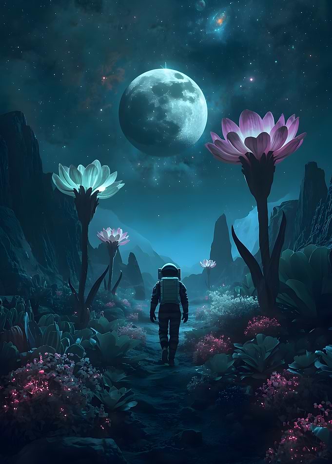 Astronaut Walking Through Alien Garden