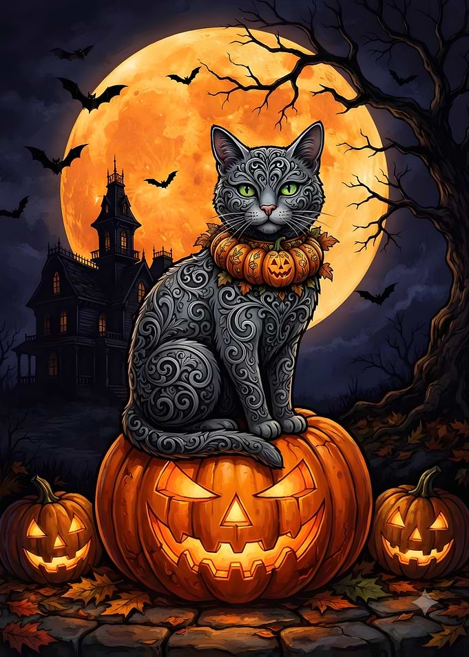 Ornate Halloween Cat on Pumpkin