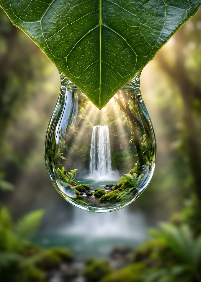 Waterfall Reflected in Dew Drop