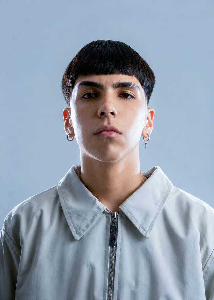 Young man with bowl cut hairstyle