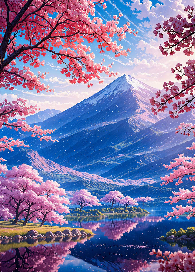 Cherry Blossom Mountain Lake Landscape Japan