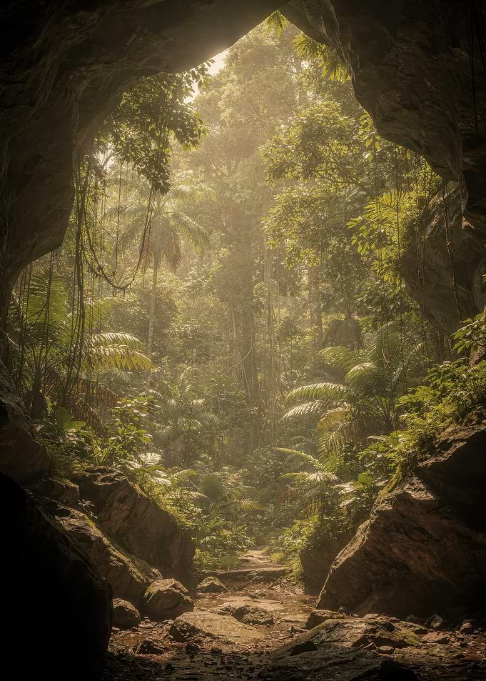 Sunlit Tropical Cave Entrance