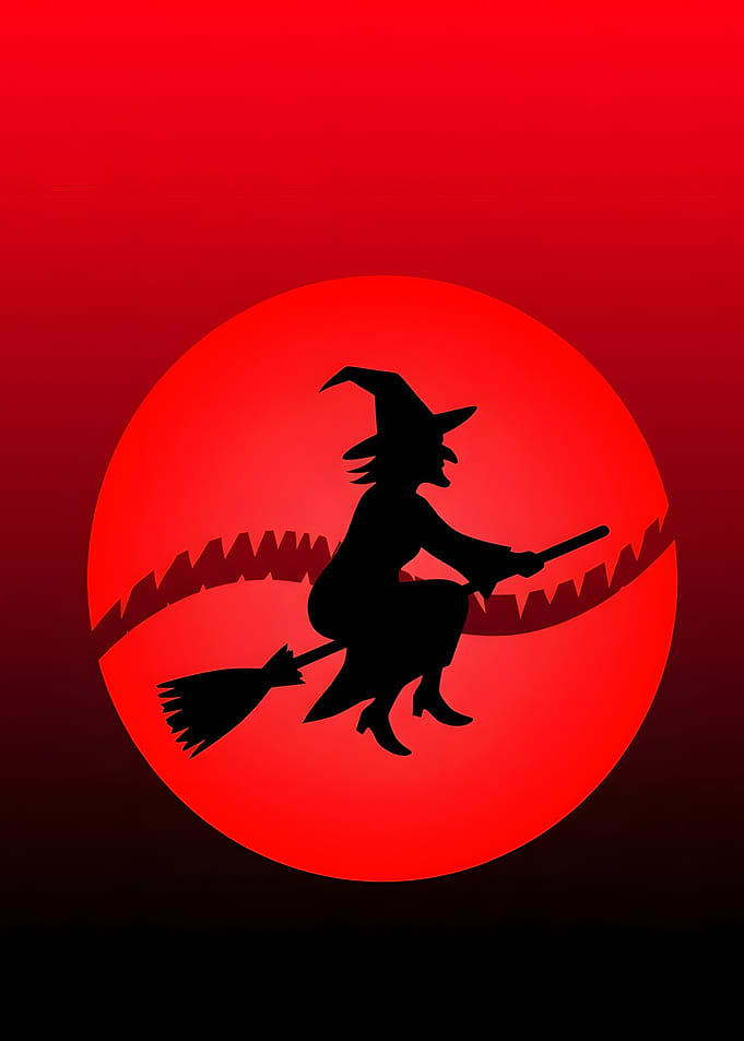 Witch Silhouette Against Red Moon